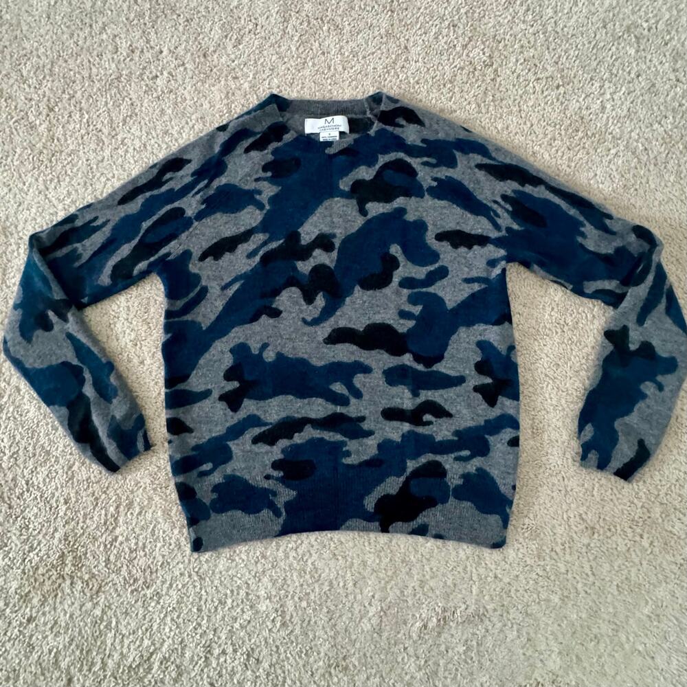 M Magaschoni 100% Cashmere Sweater Womens Small Blue Gray Camo Crewneck Classic